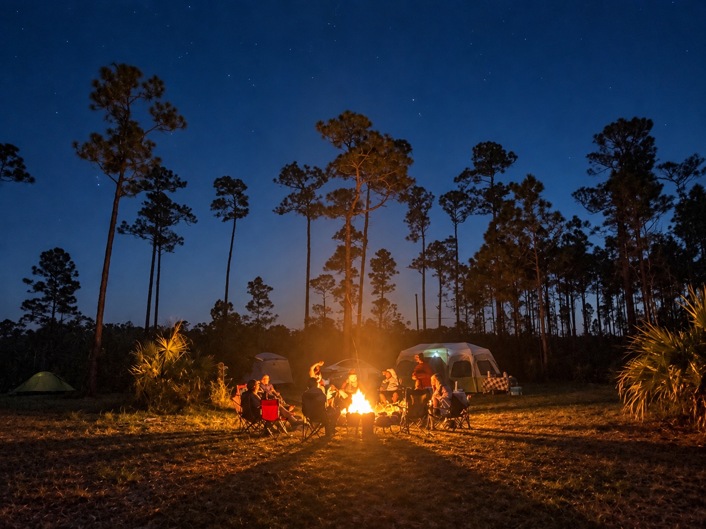 Pack 314 families sitting around a campfire under a starry sky at Camp Everglades