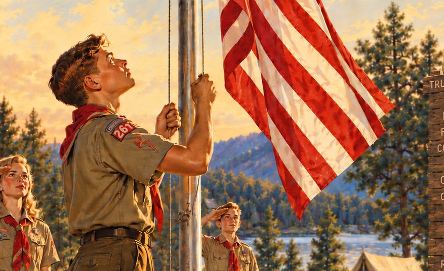 Illustration of a Scout raising the American flag while other Scouts salute