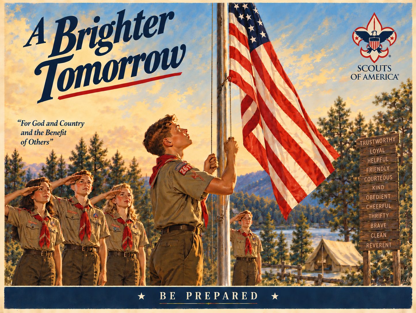 Illustration of a Scout raising the American flag at sunrise while other Scouts salute, with a Scout Law signpost and campsite in the background, titled A Brighter Tomorrow